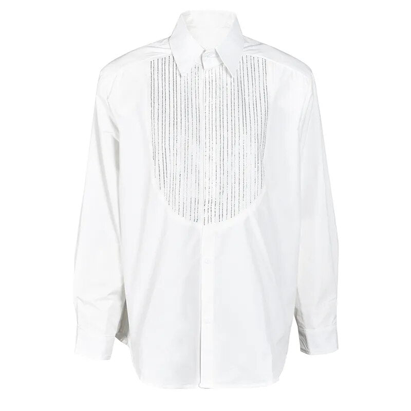 Sequin Bib Neck Tuxedo Shirt Blouse - Black or White