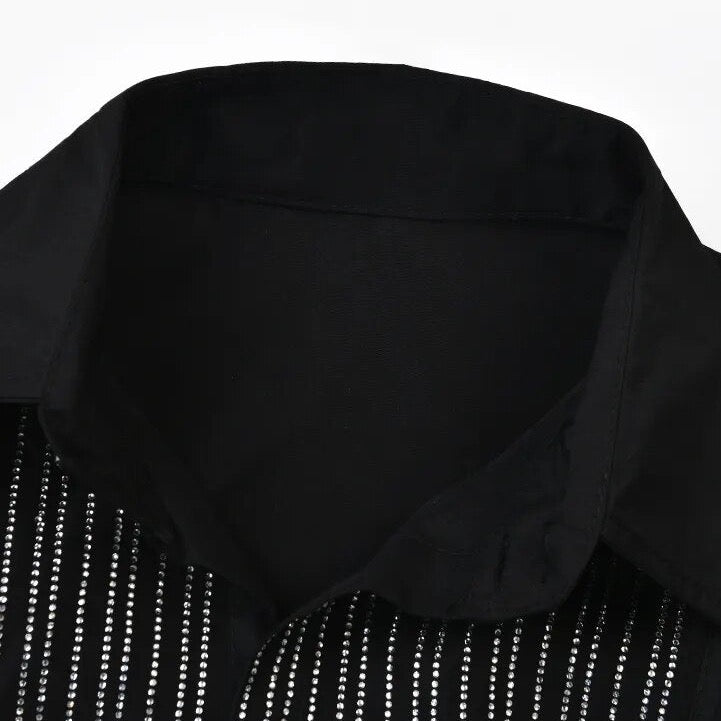 Sequin Bib Neck Tuxedo Shirt Blouse - Black or White