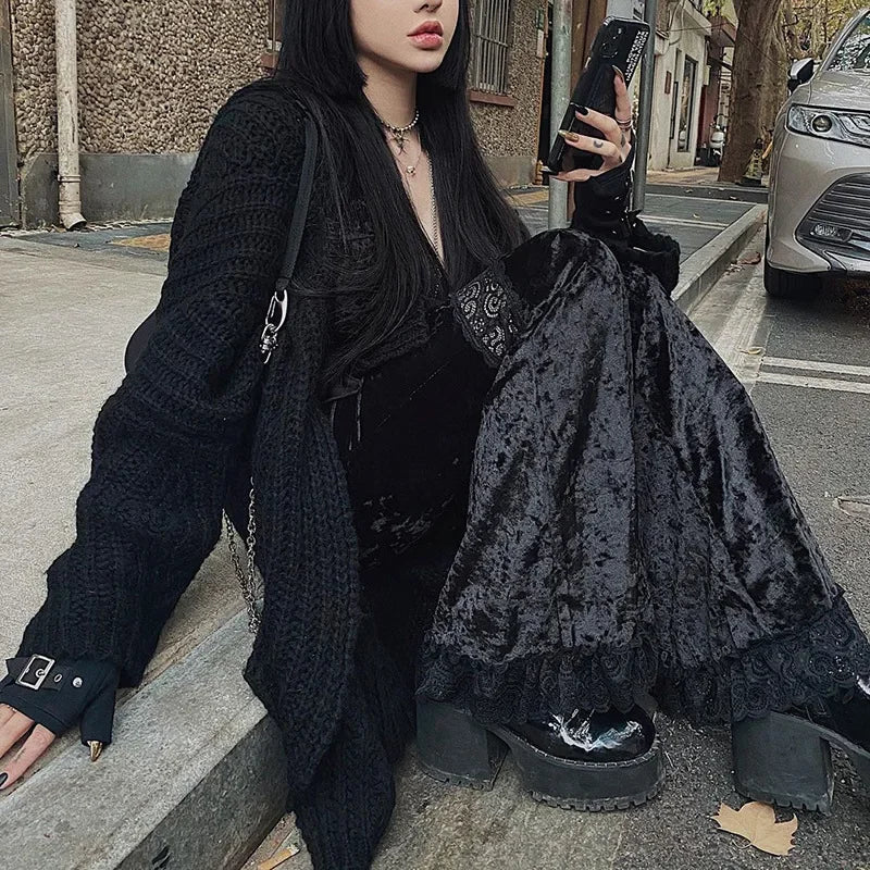Patchwork Lace Solid Flare Gothic Dark High Waist Loose New Suede Pants