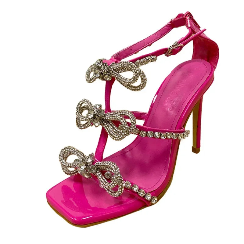 open toe super high heel square head rhinestone butterfly-knot summer High Heel