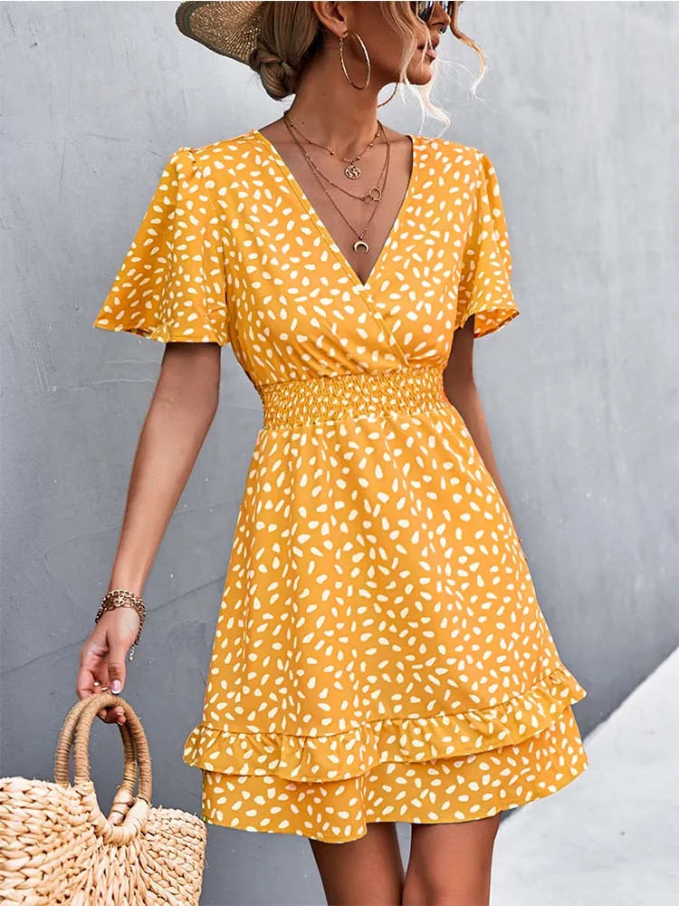 V Neck Mini Floral Short Lotus Leaf Elegant Midi Dresses