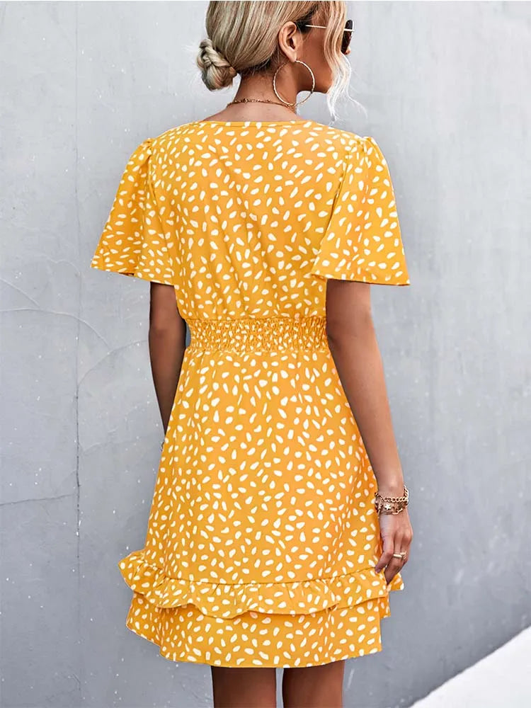 V Neck Mini Floral Short Lotus Leaf Elegant Midi Dresses