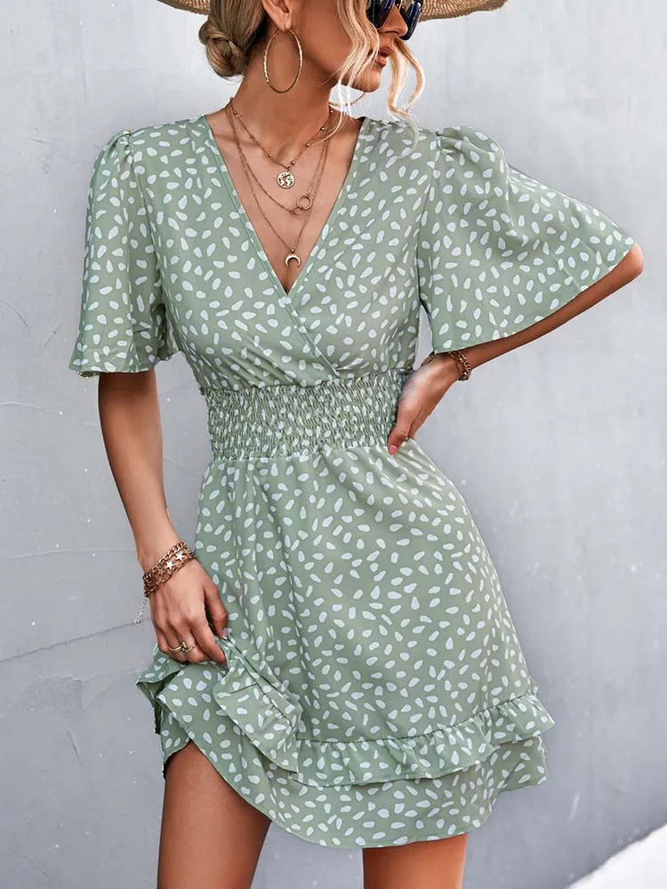 V Neck Mini Floral Short Lotus Leaf Elegant Midi Dresses