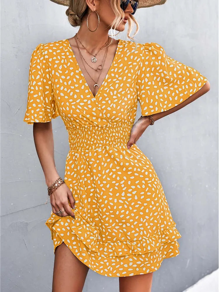 V Neck Mini Floral Short Lotus Leaf Elegant Midi Dresses
