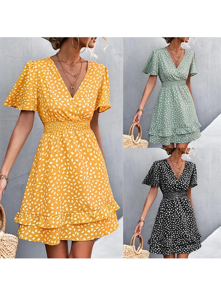 V Neck Mini Floral Short Lotus Leaf Elegant Midi Dresses