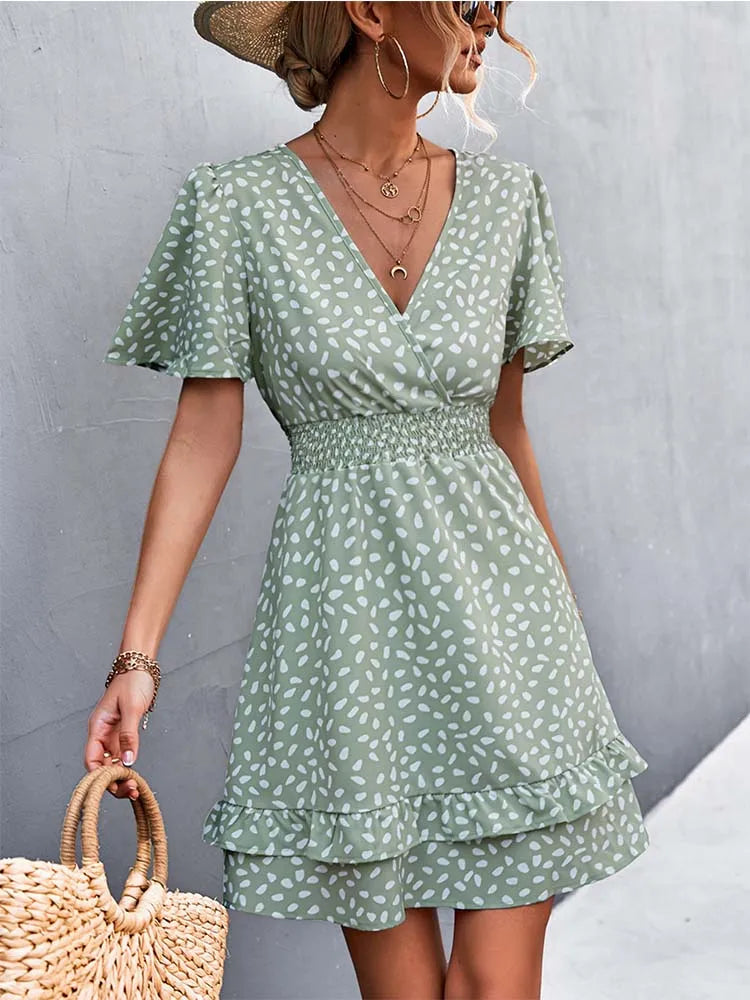 V Neck Mini Floral Short Lotus Leaf Elegant Midi Dresses