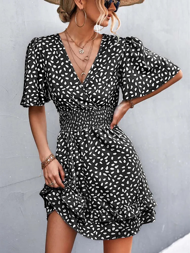 V Neck Mini Floral Short Lotus Leaf Elegant Midi Dresses