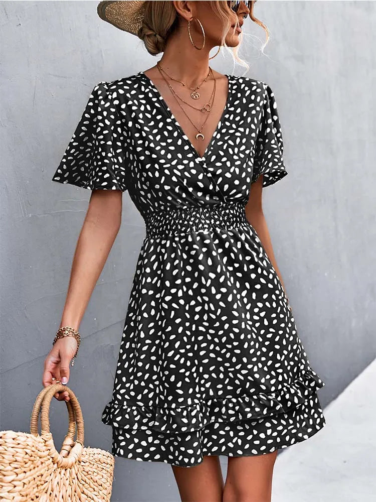 V Neck Mini Floral Short Lotus Leaf Elegant Midi Dresses