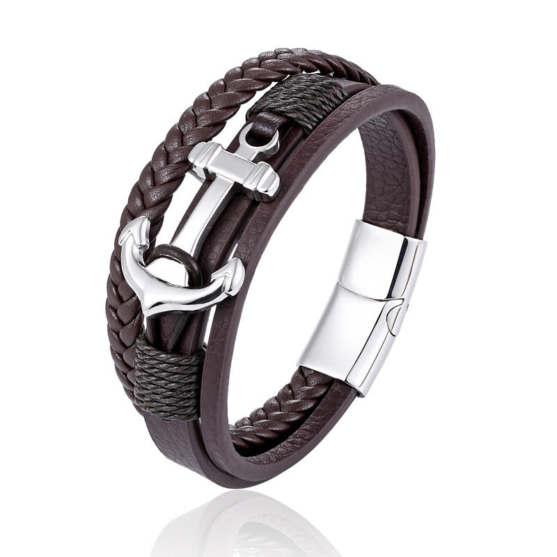 Ship Anchor Leather Bracelet