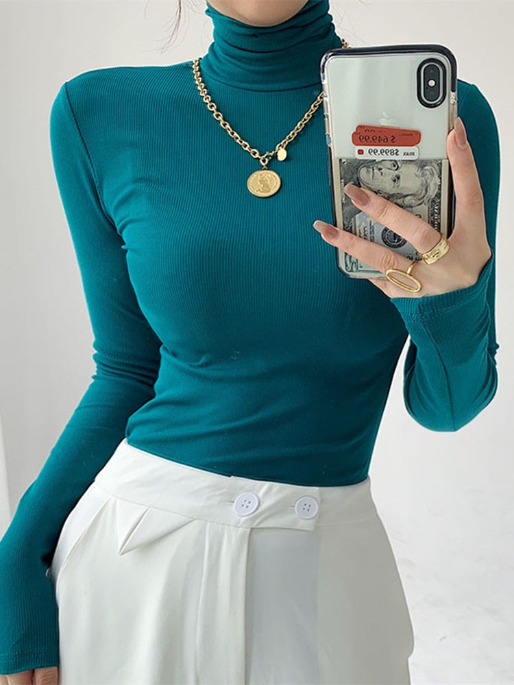 Slim Velvet Turtleneck Minimalist Tops