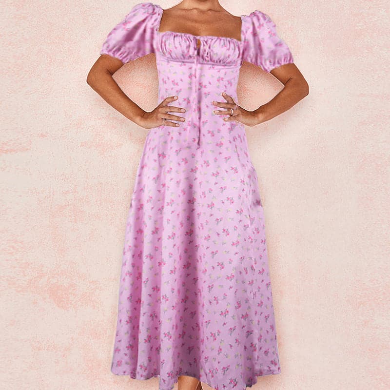 Summer Short Puff Sleeve Flroal Printed Party Dress