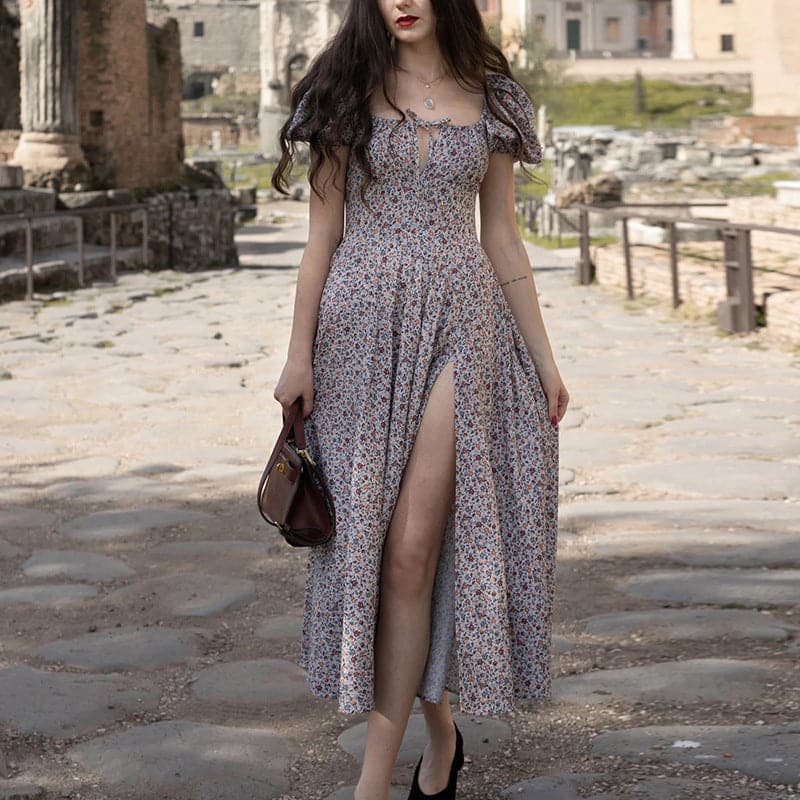 Summer Short Puff Sleeve Flroal Printed Party Dress