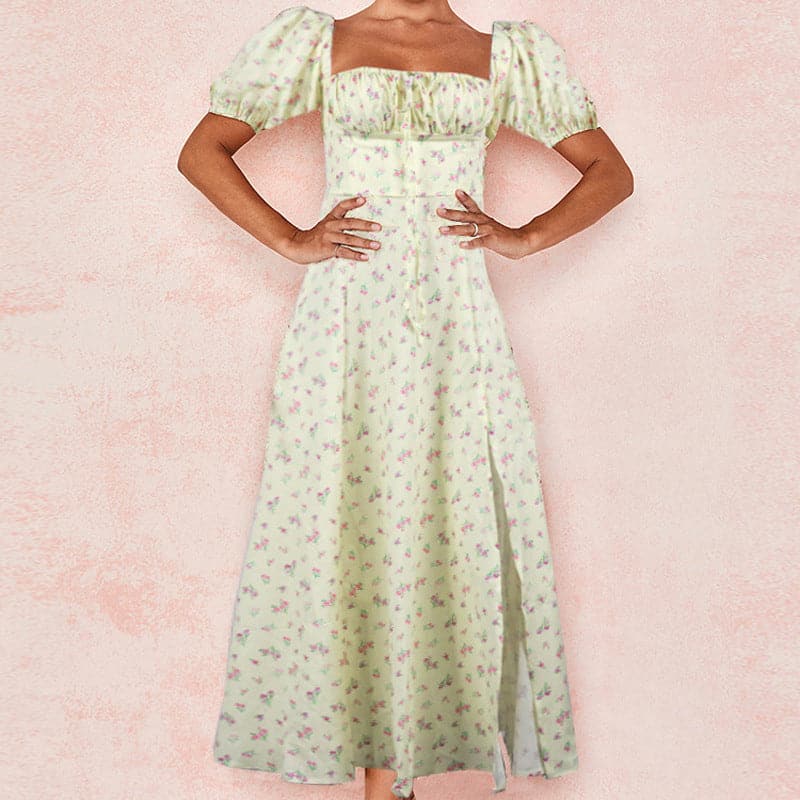 Summer Short Puff Sleeve Flroal Printed Party Dress