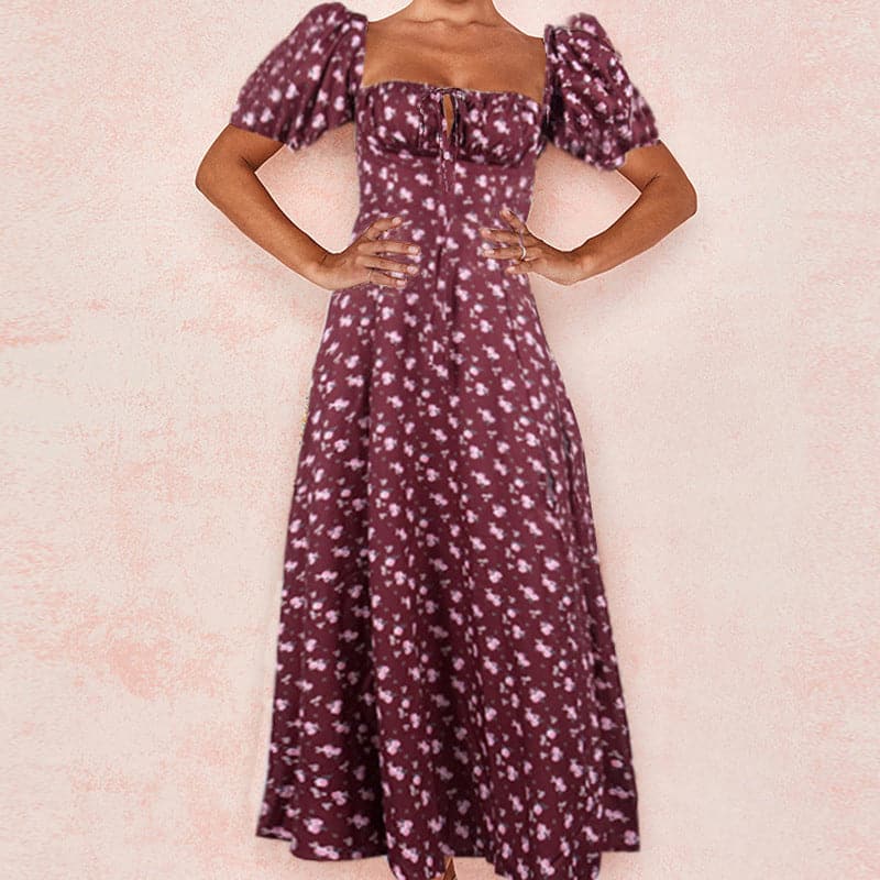 Summer Short Puff Sleeve Flroal Printed Party Dress