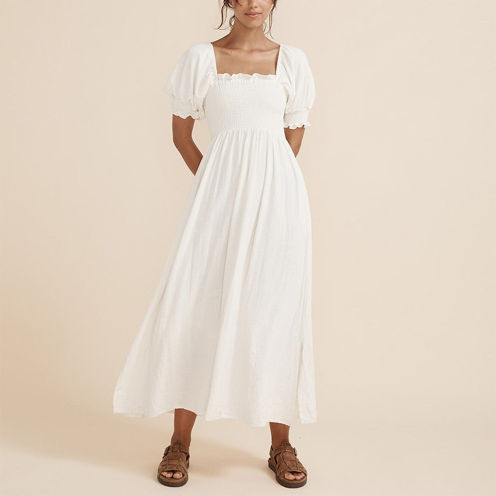 Summer Dresses For Square Neck Smocked Short Puff Sleeve Vacation Beach Style