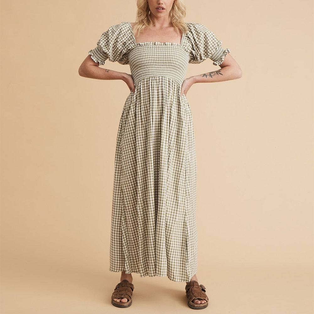 Summer Dresses For Square Neck Smocked Short Puff Sleeve Vacation Beach Style
