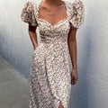 Midi Dress Vintage Floral Print Split Blue Sundress Elegant Party Beach Dress