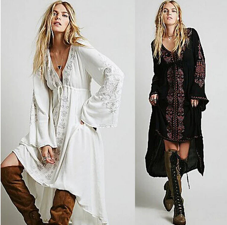 Floral Embroidered Cotton Long Boho Dress for Women