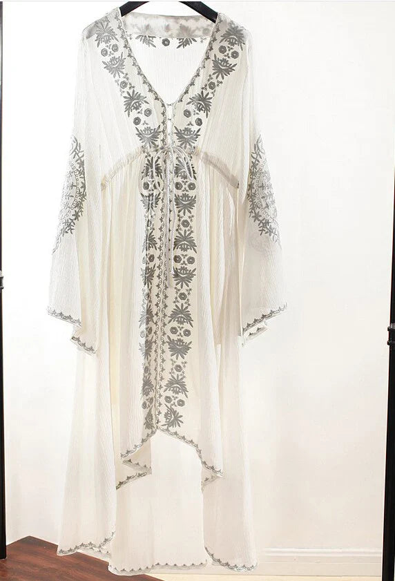 Floral Embroidered Cotton Long Boho Dress for Women