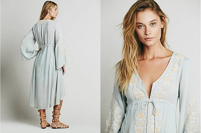 Floral Embroidered Cotton Long Boho Dress for Women
