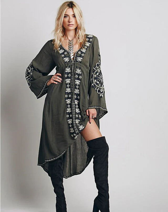 Floral Embroidered Cotton Long Boho Dress for Women