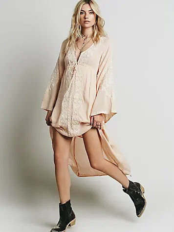 Floral Embroidered Cotton Long Boho Dress for Women