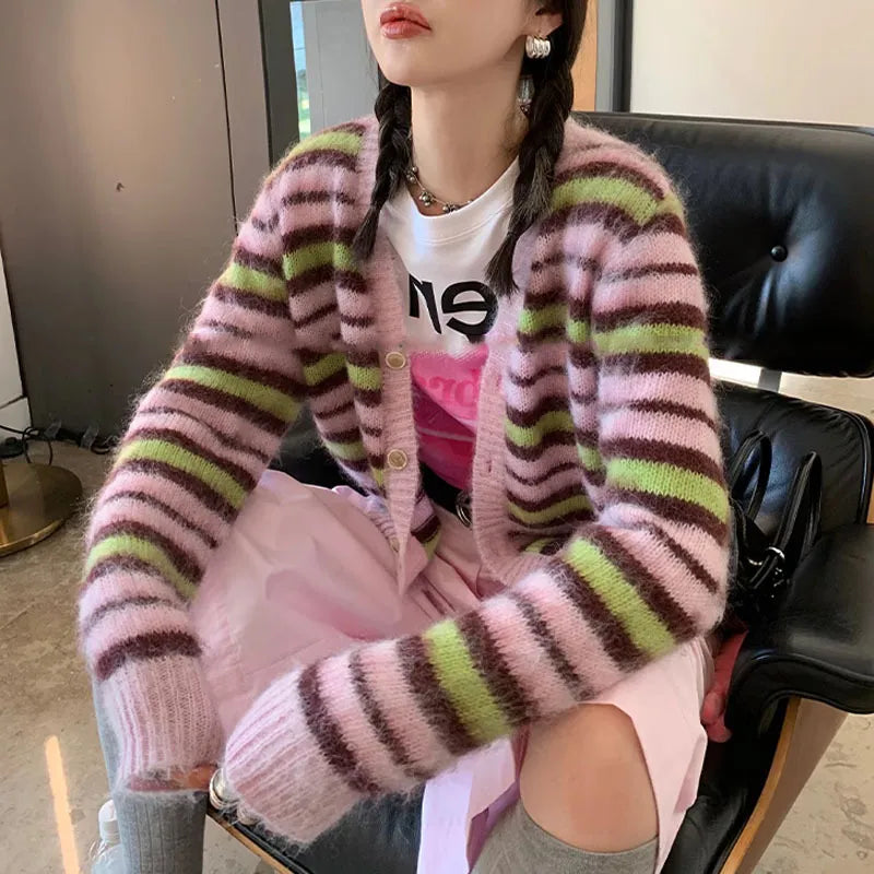 Taika Fuzzy Striped Mohair Knitted Cardigans