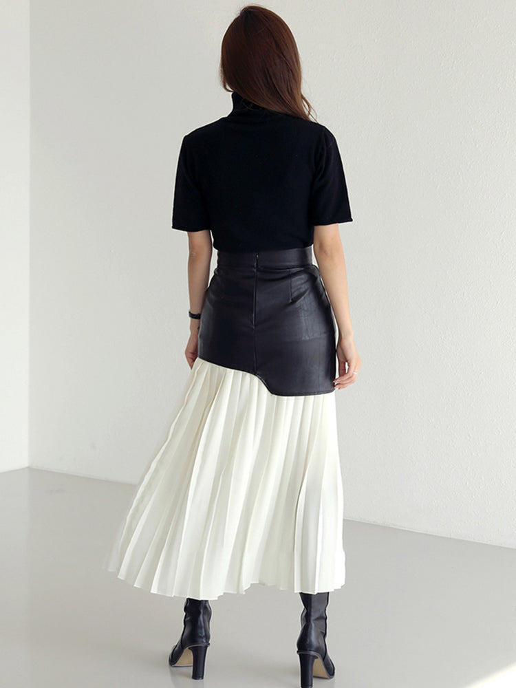 Tami Pleated Skirt with Faux Leather Patchwork - 2 Colors