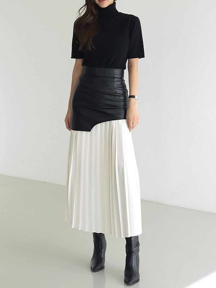 Tami Pleated Skirt with Faux Leather Patchwork - 2 Colors