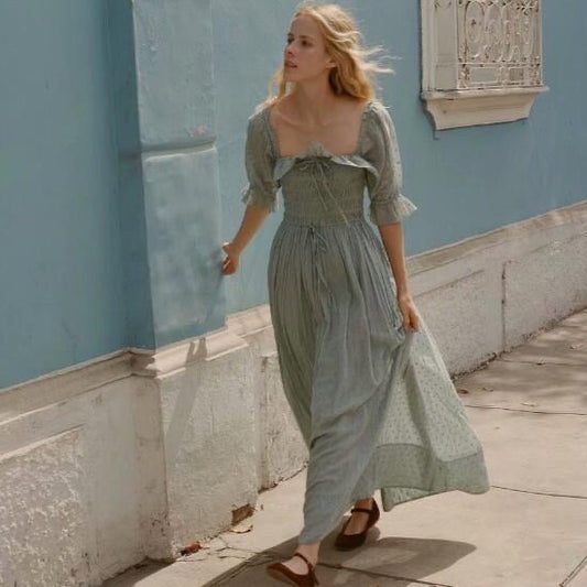 Tess Vintage Square Neck Boucle Dot Maxi Dress