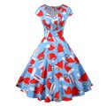 Snowflake Printed Red V-Neck Wrap High Waist Vintage Robe Christmas Dress