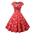 Snowflake Printed Red V-Neck Wrap High Waist Vintage Robe Christmas Dress