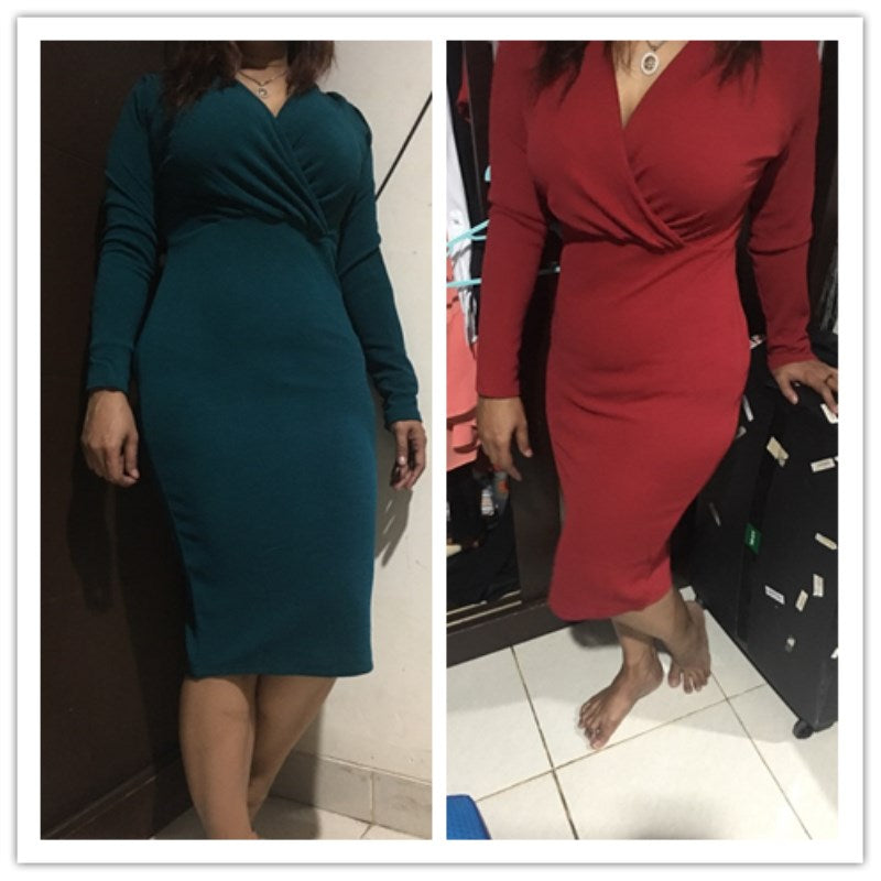 Long Sleeve Deep V-Neck Bandage Bodycon Evening Party Dress Plus Size S-XXL