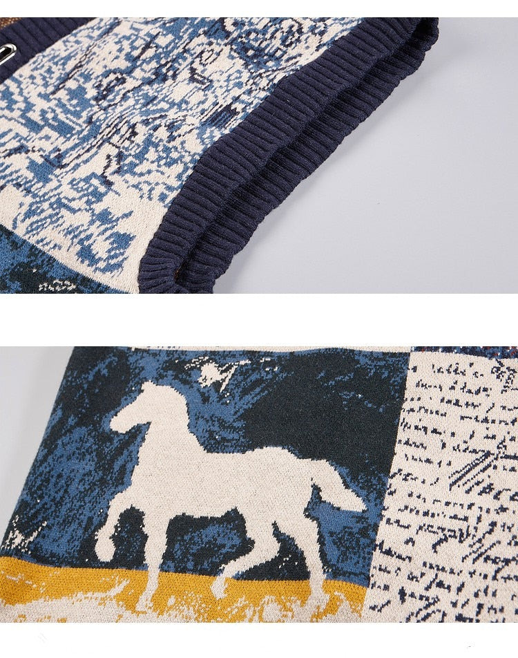 Van Gogh Print Intarsia Knit Vest Tunic