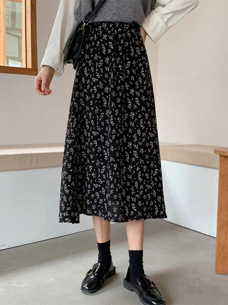 Vintage Floral Pleated Korean Midi Skirt