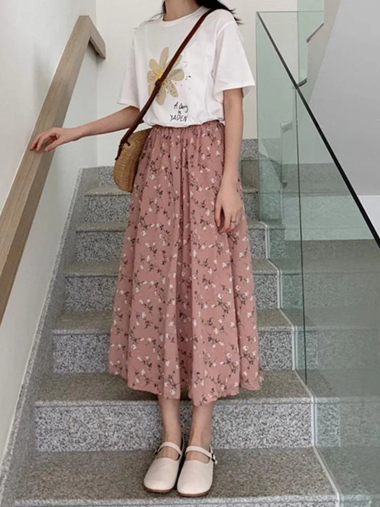 Vintage Floral Pleated Korean Midi Skirt