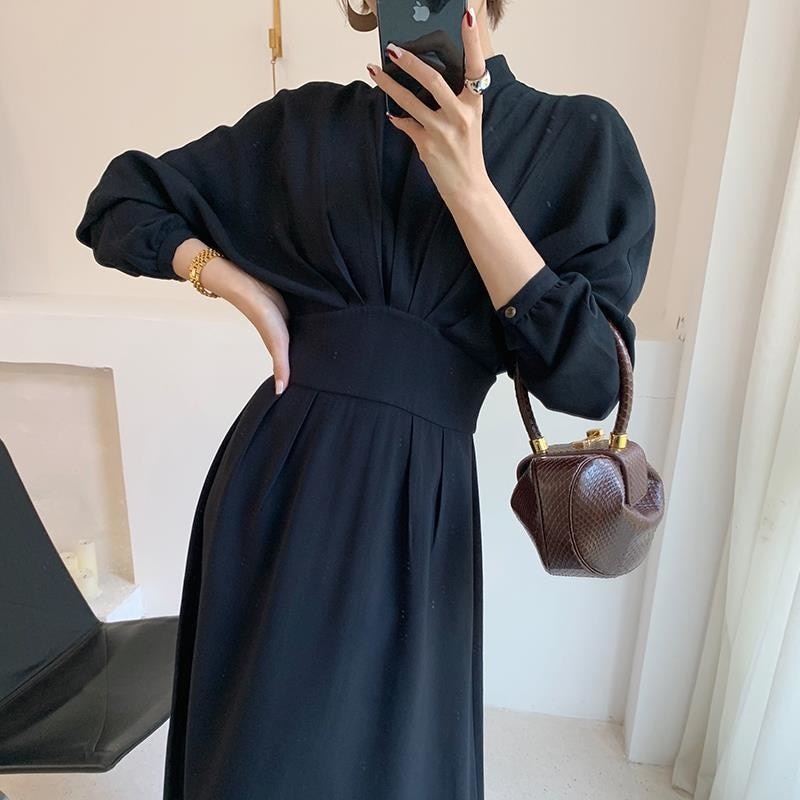 Vintage Long Sleeve Elegant Autumn Bodycon Dress Slimming Pleated Stand Collar Midi Dress