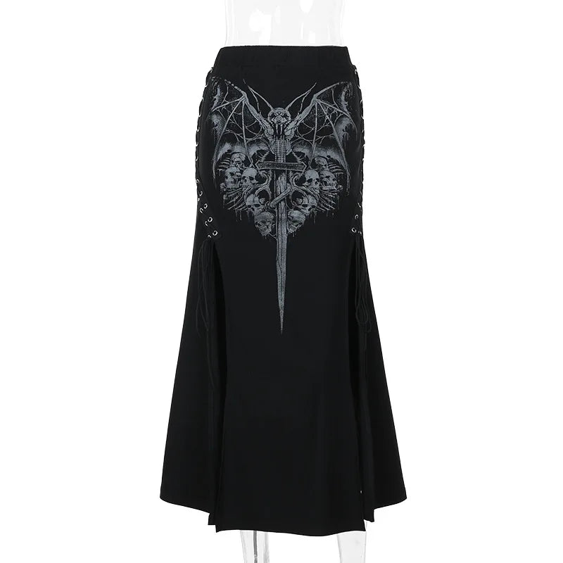 Vintage Print High Waist Mermaid Maxi Gothic Long Gothic Print High-slit Skirt