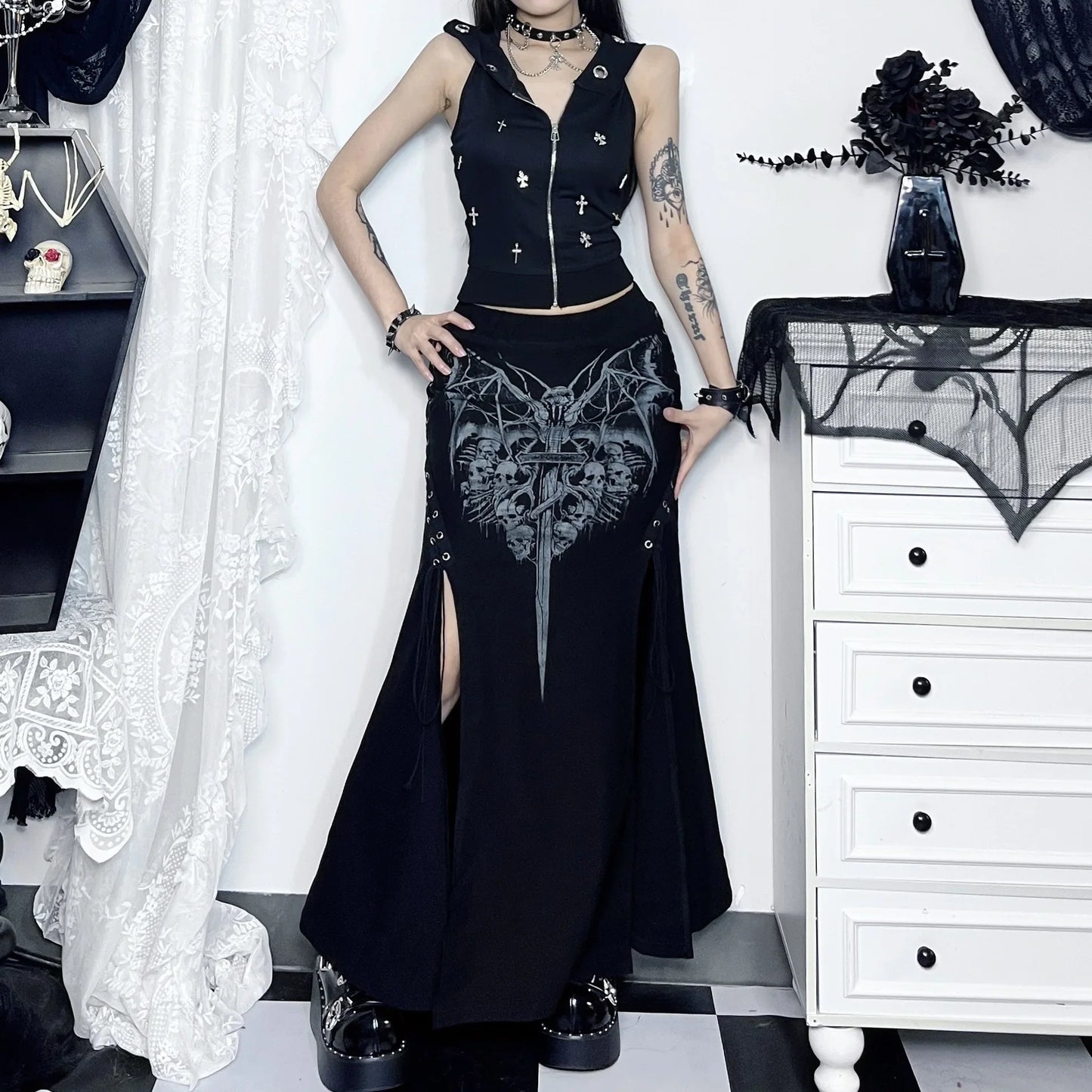 Vintage Print High Waist Mermaid Maxi Gothic Long Gothic Print High-slit Skirt