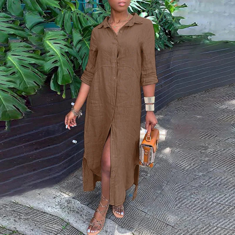 Vintage Solid Tunicas Lapel Button Up Boho Maxi Dress