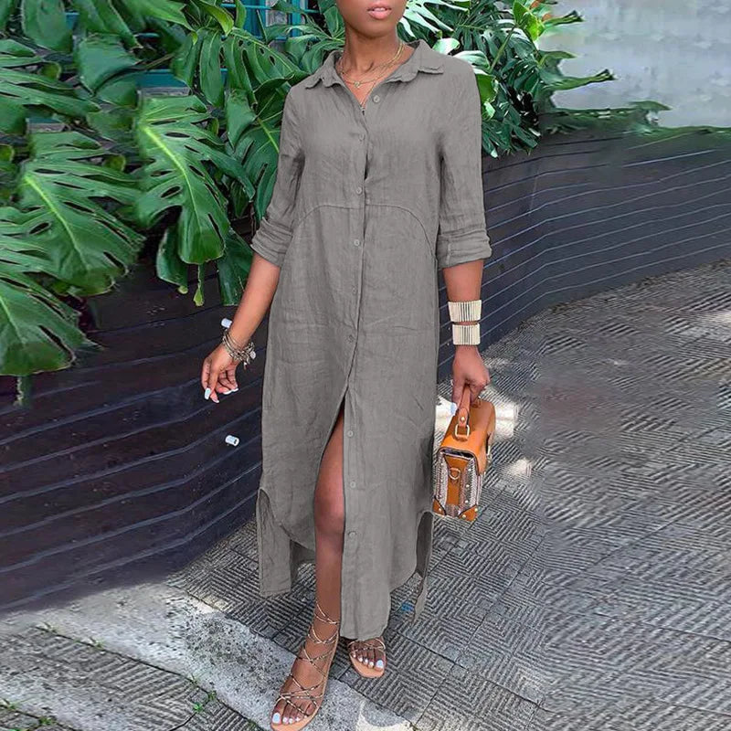 Vintage Solid Tunicas Lapel Button Up Boho Maxi Dress
