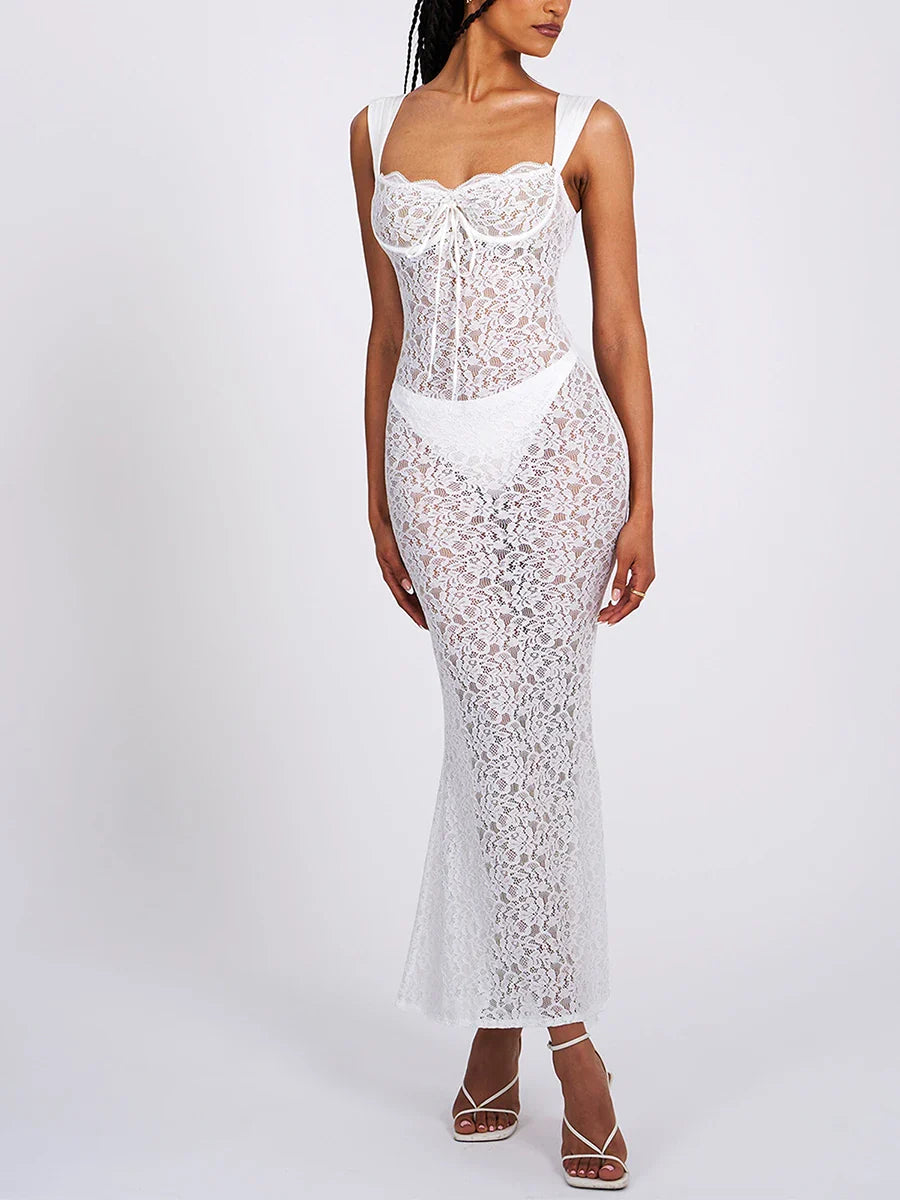 Elegant See-Through Backless Wedding Lace Dress