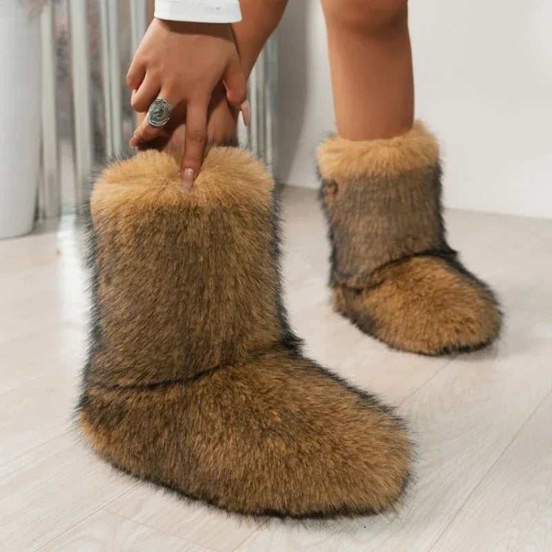 Winter Fuzzy Boots Furry Shoes Fluffy Fur Snow Boots Plush Lining Slip-on Rubber Flat Outdoor Bowtie Warm Ladies Footwear
