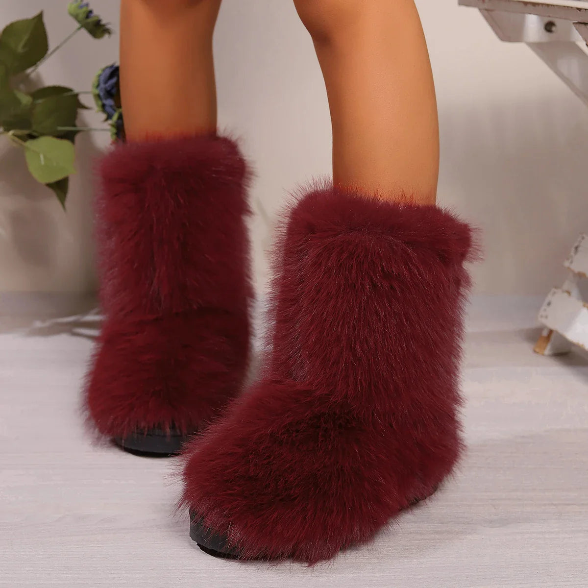 Winter Fuzzy Boots Furry Shoes Fluffy Fur Snow Boots Plush lining Slip-on Rubber Flat Outdoor Bowtie Warm Ladies Footwear