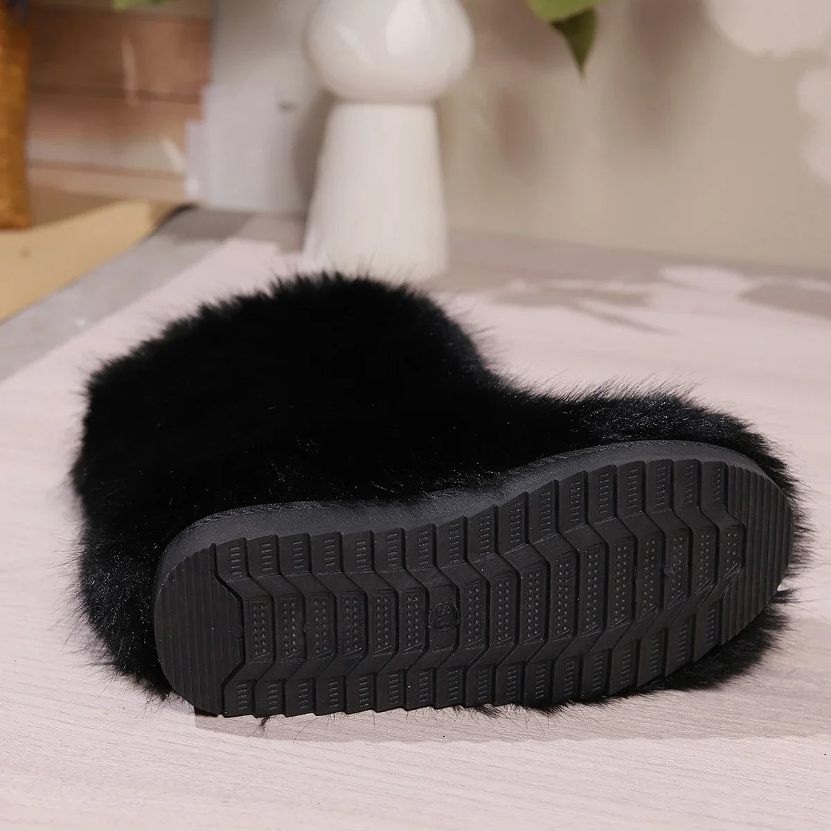 Winter Fuzzy Boots Furry Shoes Fluffy Fur Snow Boots Plush lining Slip-on Rubber Flat Outdoor Bowtie Warm Ladies Footwear