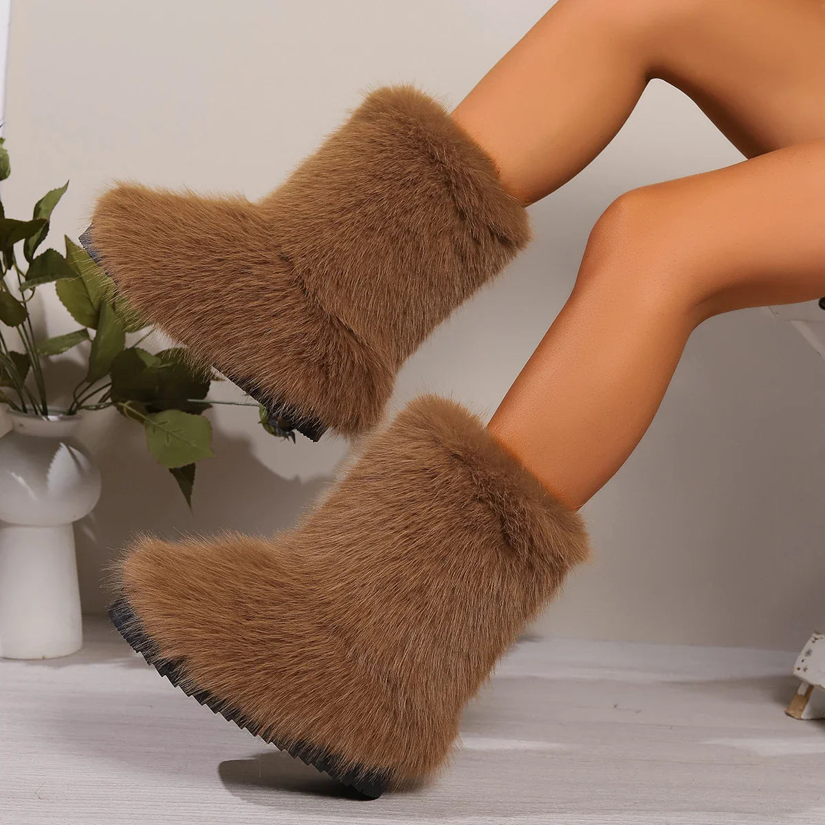 Winter Fuzzy Boots Furry Shoes Fluffy Fur Snow Boots Plush lining Slip-on Rubber Flat Outdoor Bowtie Warm Ladies Footwear