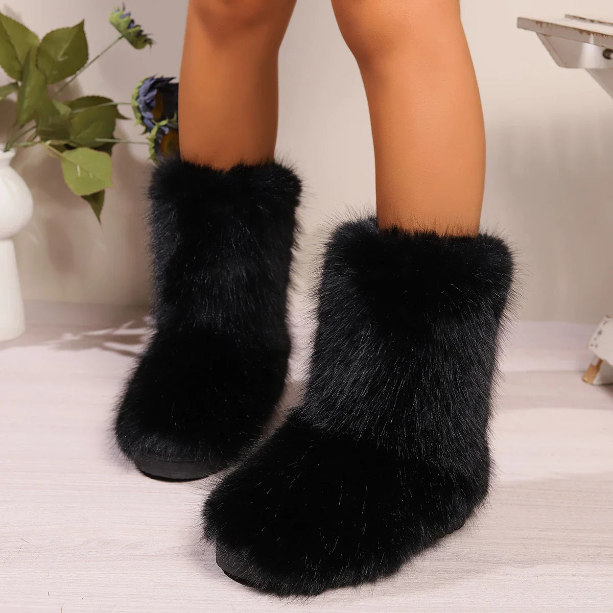 Winter Fuzzy Boots Furry Shoes Fluffy Fur Snow Boots Plush lining Slip-on Rubber Flat Outdoor Bowtie Warm Ladies Footwear