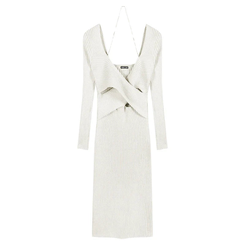 Elegant V-Neck Solid Y2K Designer Knitted Maxi Dress