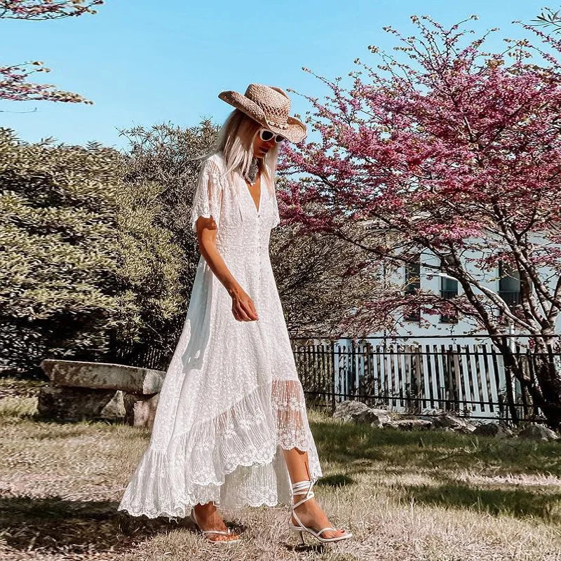 Bohemian Spaghetti Strap Floral Lace Beach Maxi Dress