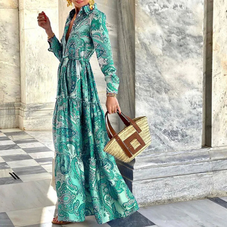 Spring V-Neck Floral Printed Bohemian Women's Dress